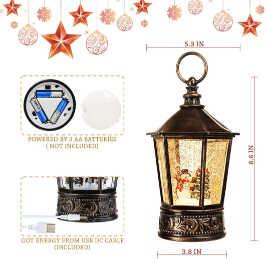 Christmas Snow Globe Lantern-Water Lantern with Music and Christmas Snowman-Usb or Battery-Powered Christmas Lanterns, Rotating Flashing Lanterns, Christma Decorations(Snowman)