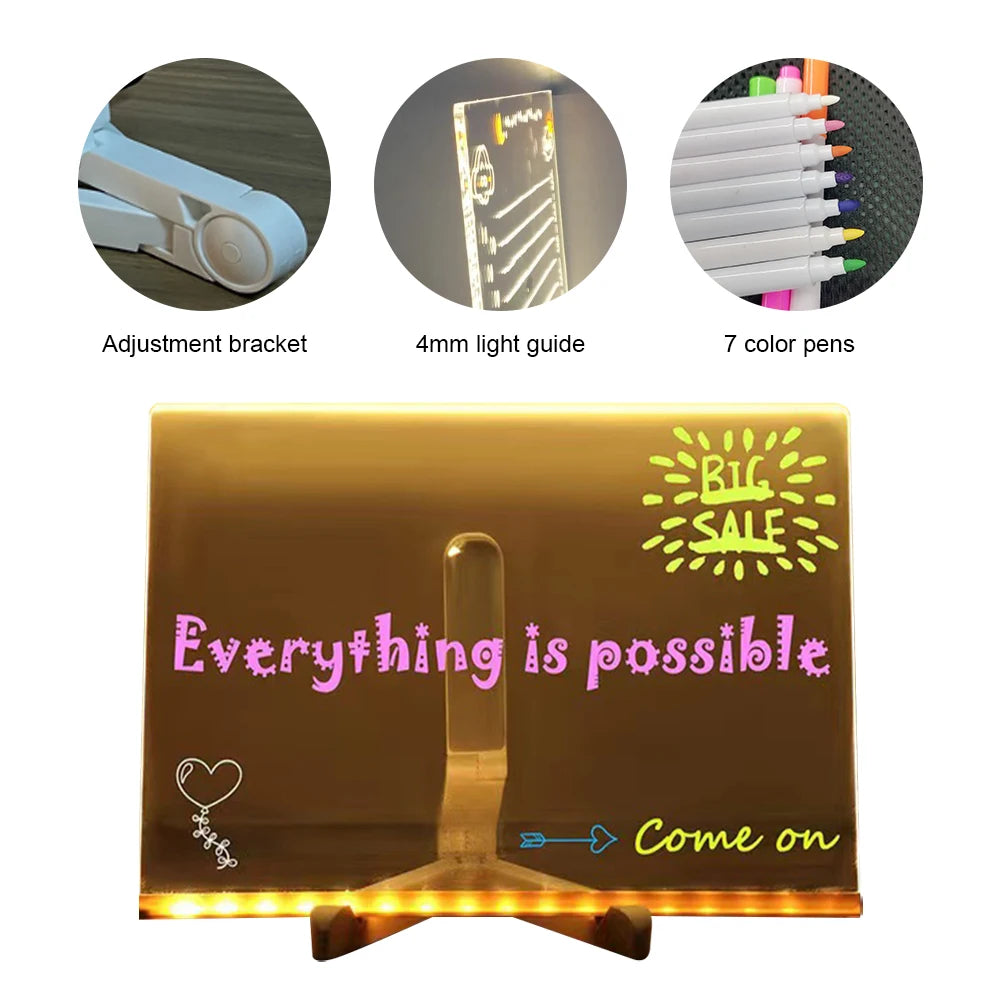Glow Board - Light up Acrylic Message Board | Rewritable | DIY Children's Glowing Drawing Board |Message Lamp with 7 Colorful Pens