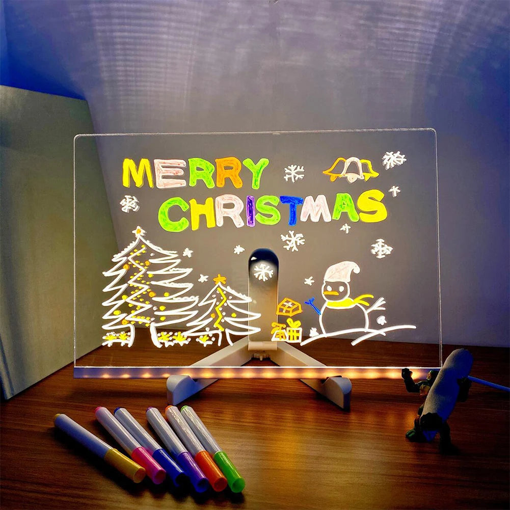 Glow Board - Light up Acrylic Message Board | Rewritable | DIY Children's Glowing Drawing Board |Message Lamp with 7 Colorful Pens