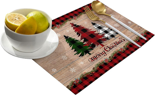 Merry Christmas Placemats Set of 6,Cotton Linen Table Mats Non-Slip Washable Buffalo Plaid Farm Xmas Tree Snowflake Pine Tree Placemat for Holiday Party Dining Kitchen Table Decor