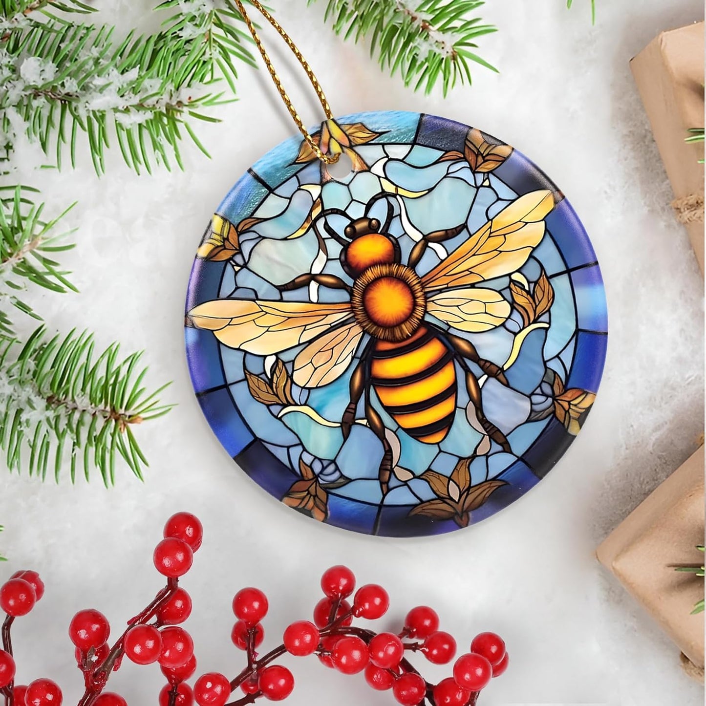 Christmas Ornament, Christmas Decoration, Holiday Present Idea, Heirloom Keepsake, round Ceramic, Gift Exchange, Gift Idea, Bee