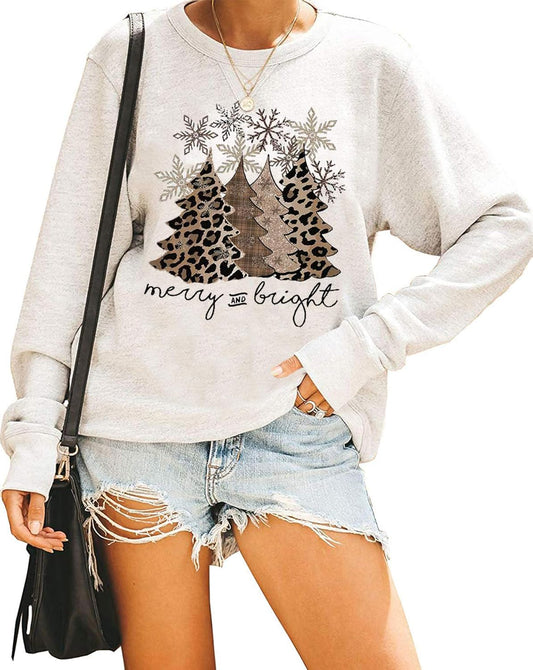 Leopard Christmas Tree Snowflake Merry and Bright Sweatshirt Womens Xmas Holiday Funny Letter Print Pullover T Shirt Top