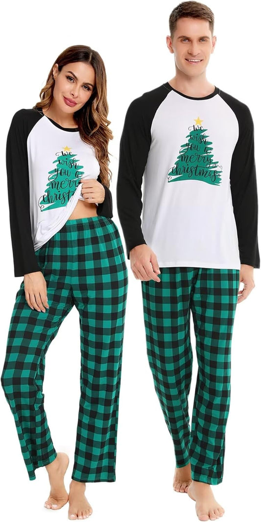 Matching Couples Christmas Pajamas Set Women & Men Plaid Pants Loungewear and Printed Long Sleeve Pjs Top