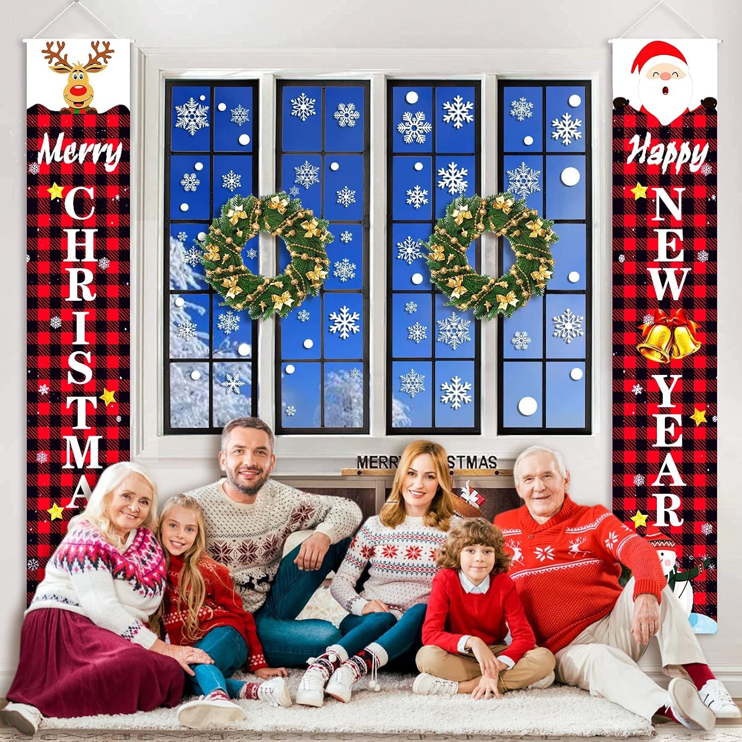 Christmas Banner Decorations, Christmas Porch Decorations Xmas Decor Banner with Window Clings for Home Indoor Party 72"X12"