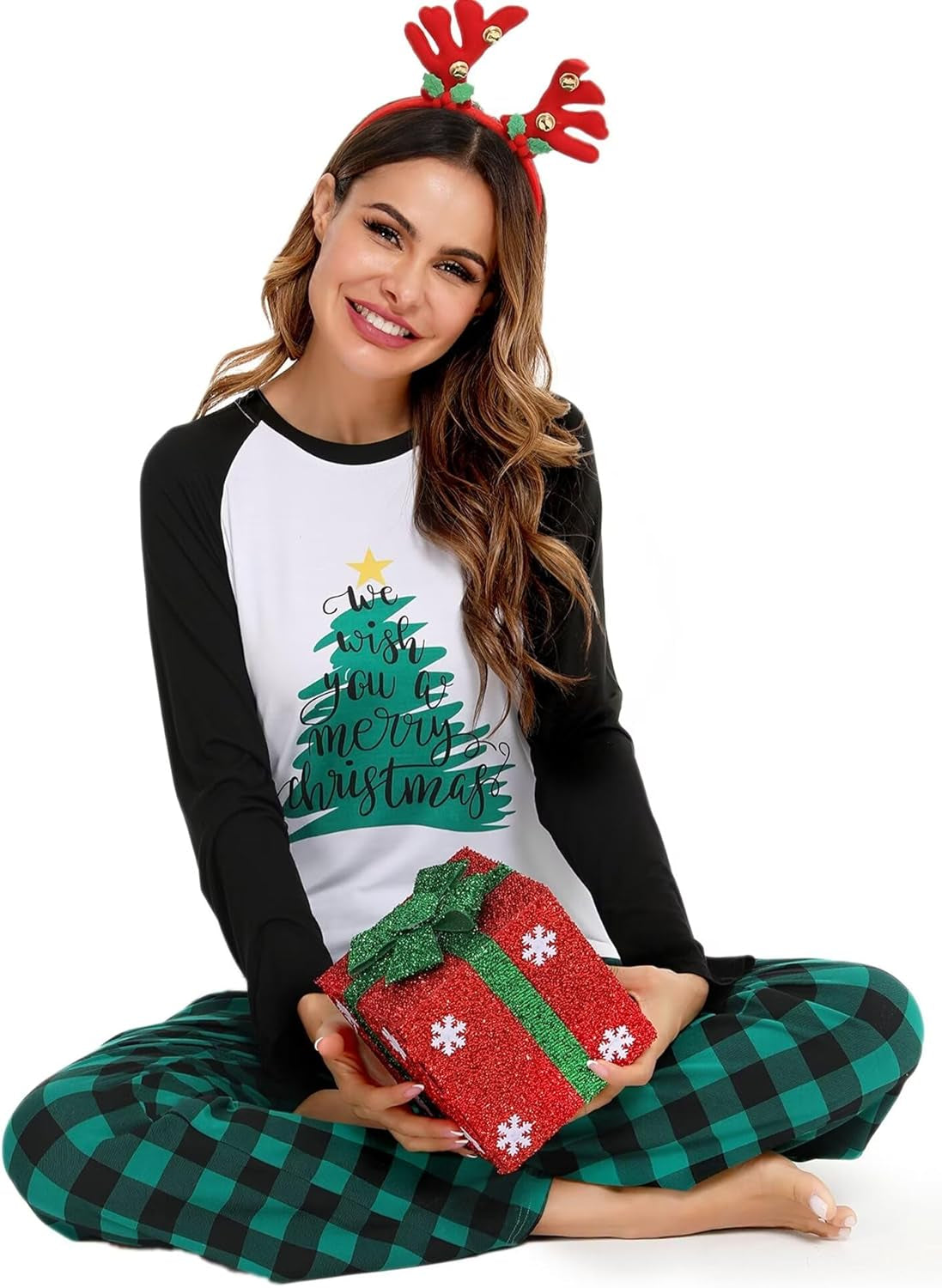 Matching Couples Christmas Pajamas Set Women & Men Plaid Pants Loungewear and Printed Long Sleeve Pjs Top