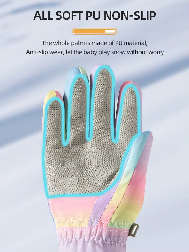 Children'S Ski Warm Gloves, Unisex Style, Winter Fleece-Lined Anti-Slip Outdoor Gloves with Side Zipper, Waterproof Material