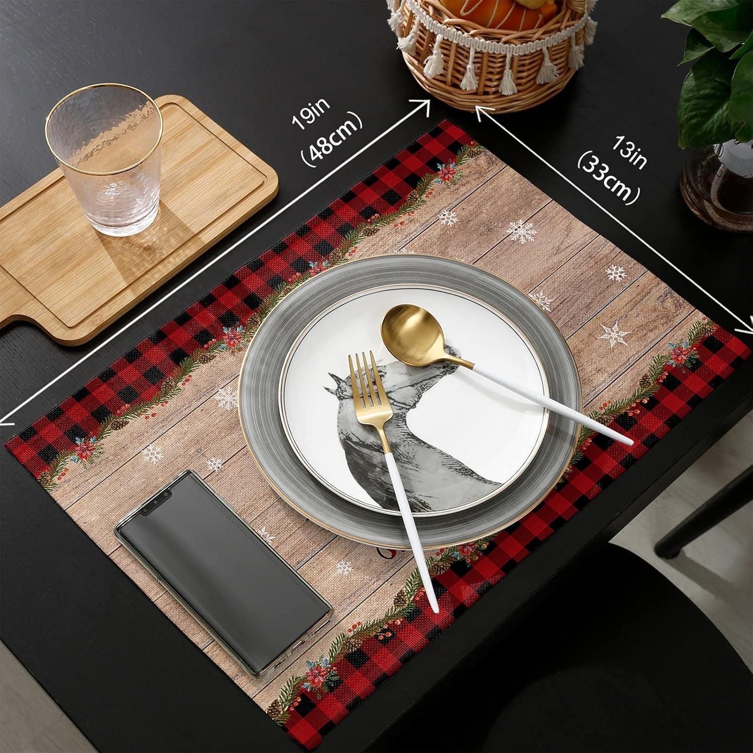 Merry Christmas Placemats Set of 6,Cotton Linen Table Mats Non-Slip Washable Buffalo Plaid Farm Xmas Tree Snowflake Pine Tree Placemat for Holiday Party Dining Kitchen Table Decor