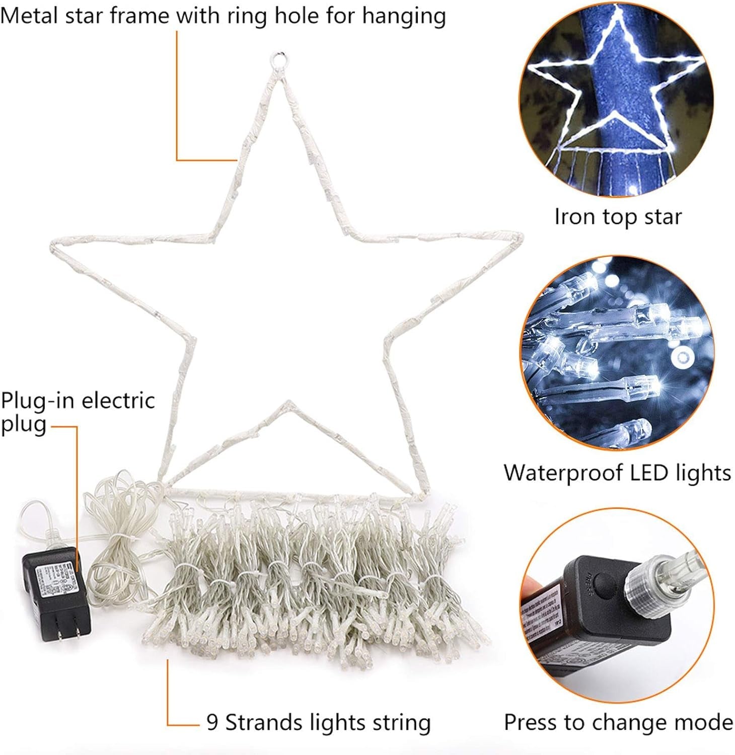 Outdoor Christmas Star Lights 320 LED Waterfall Christmas Tree Lights 8 Lighting Modes Outdoor Christmas Decorations Star String Lights for outside Tree Wall Yard Xmas Wedding Party (White)