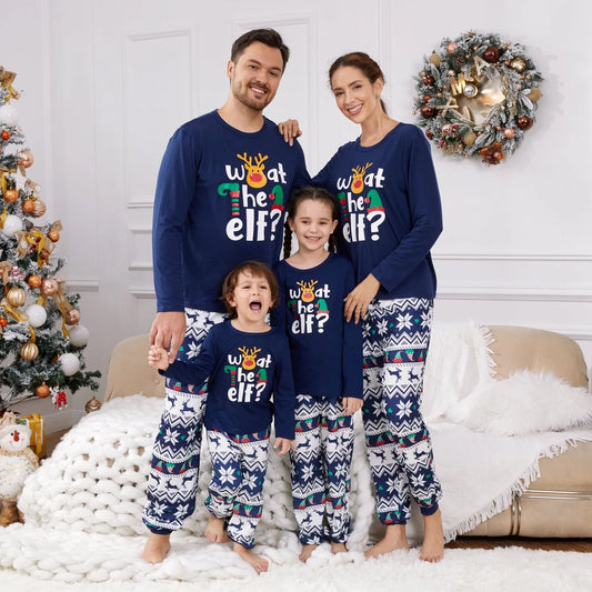 Christmas Family Matching Pajamas Dark Blue Elf Graphic Long-Sleeve Pajamas Sets