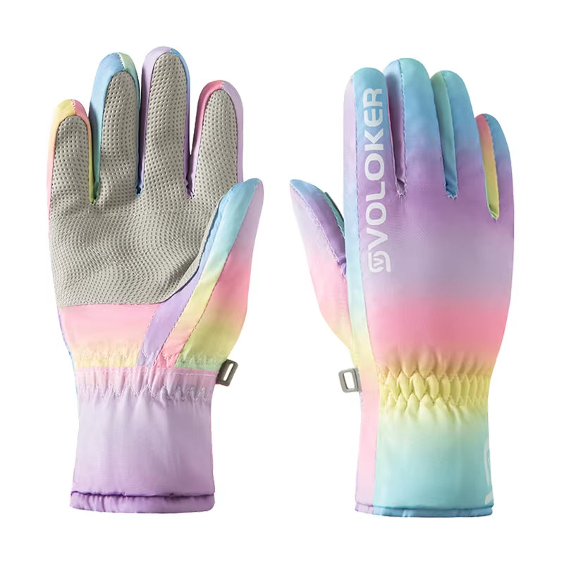 Children'S Ski Warm Gloves, Unisex Style, Winter Fleece-Lined Anti-Slip Outdoor Gloves with Side Zipper, Waterproof Material