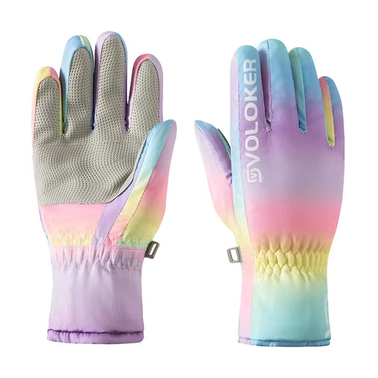 Children'S Ski Warm Gloves, Unisex Style, Winter Fleece-Lined Anti-Slip Outdoor Gloves with Side Zipper, Waterproof Material