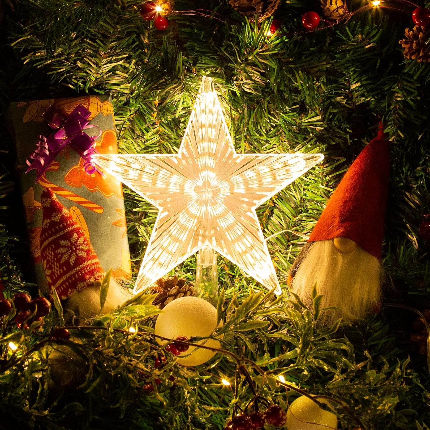 Christmas Tree Topper Star Warm White Light Christmas Tree Decor for Christmas Holiday Home Fit for General Size Xmas Tree, 8.7 Inch
