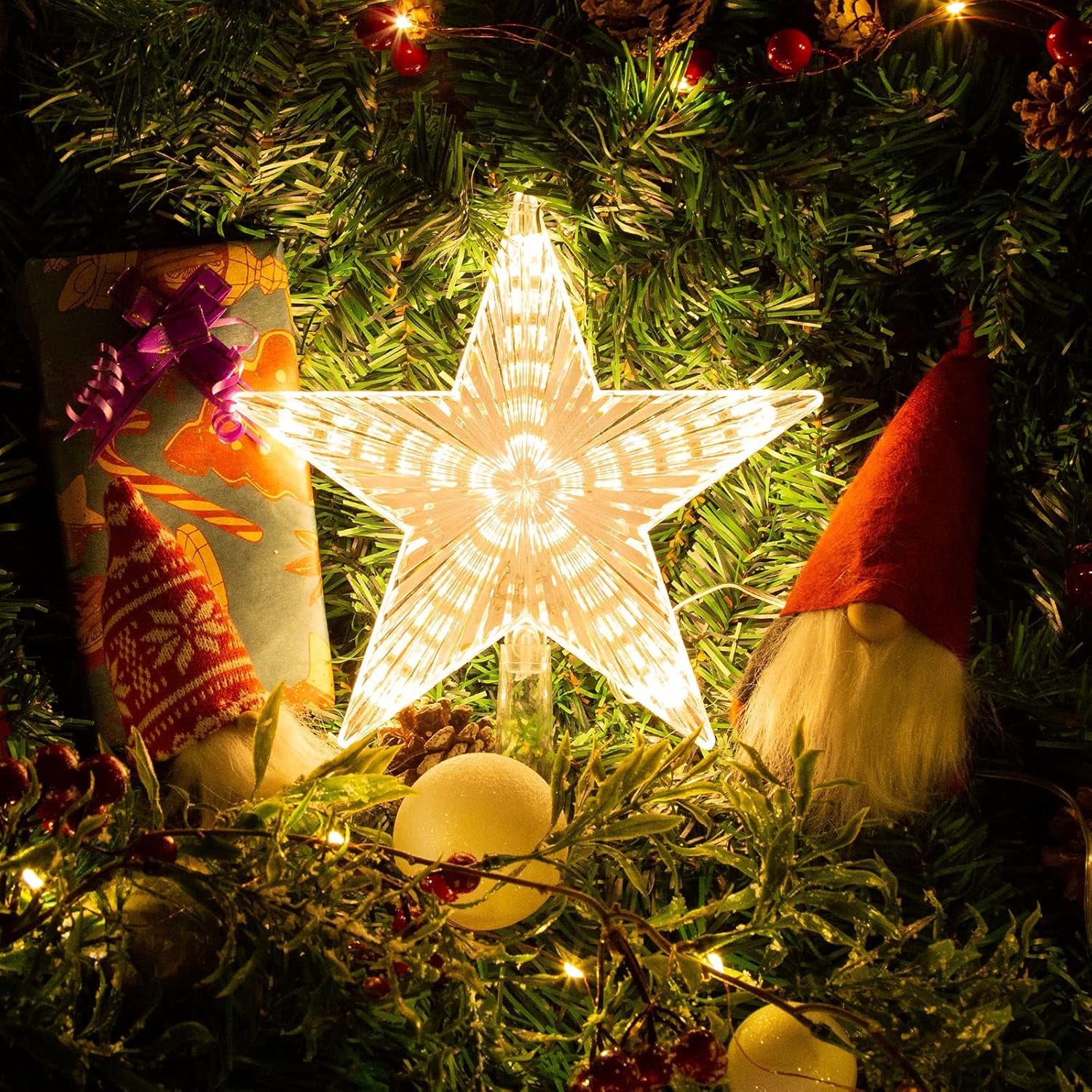 Christmas Tree Topper Star Warm White Light Christmas Tree Decor for Christmas Holiday Home Fit for General Size Xmas Tree, 8.7 Inch