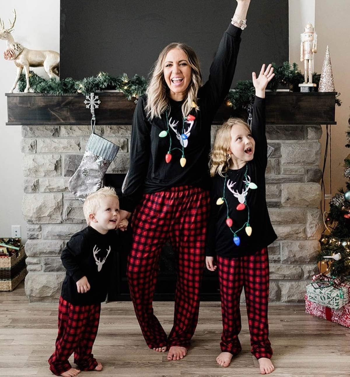 Matching Family Pajamas Sets Christmas Pj'S Letter Print Top and Plaid Bottom Sleepwear Jammies with Pockets