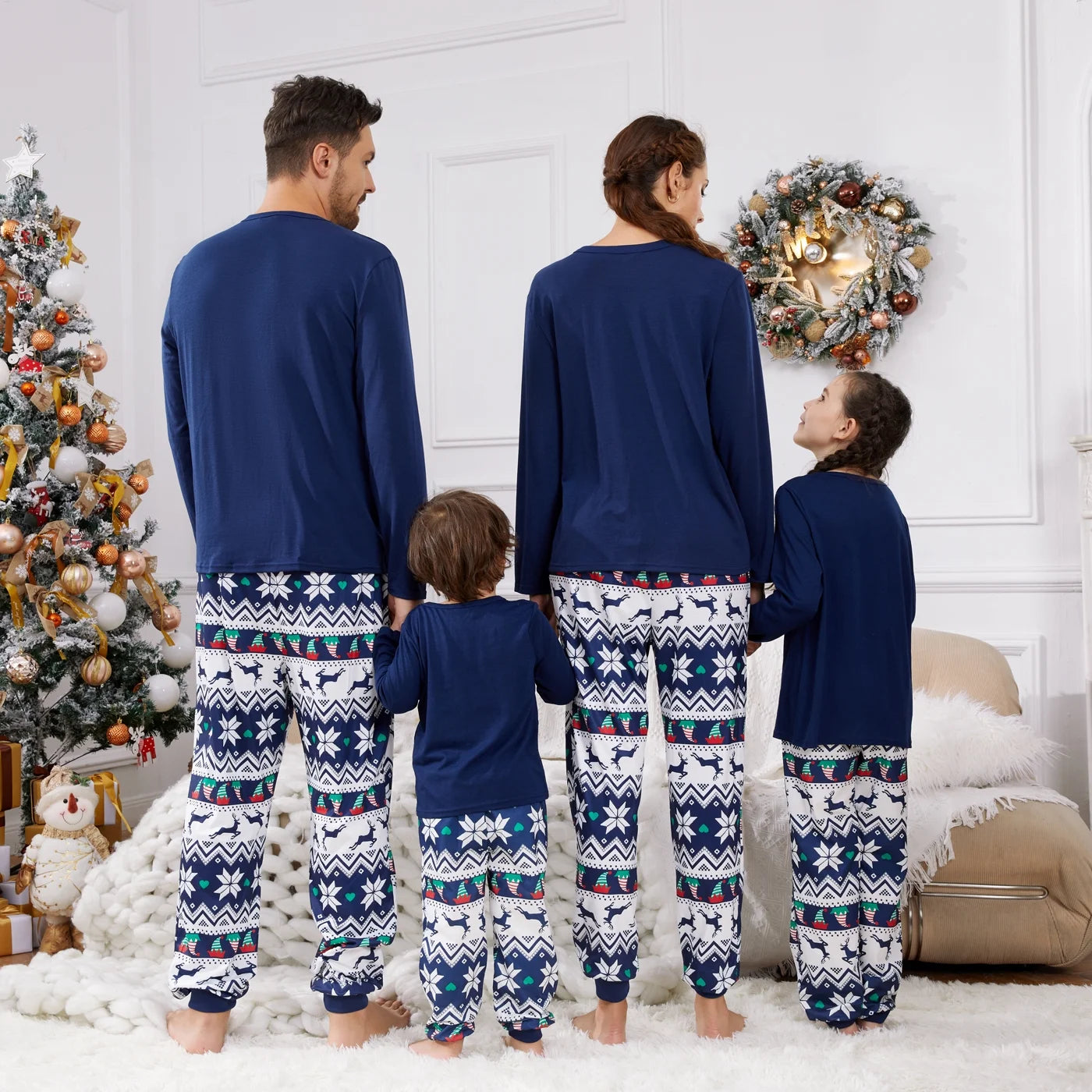 Christmas Family Matching Pajamas Dark Blue Elf Graphic Long-Sleeve Pajamas Sets