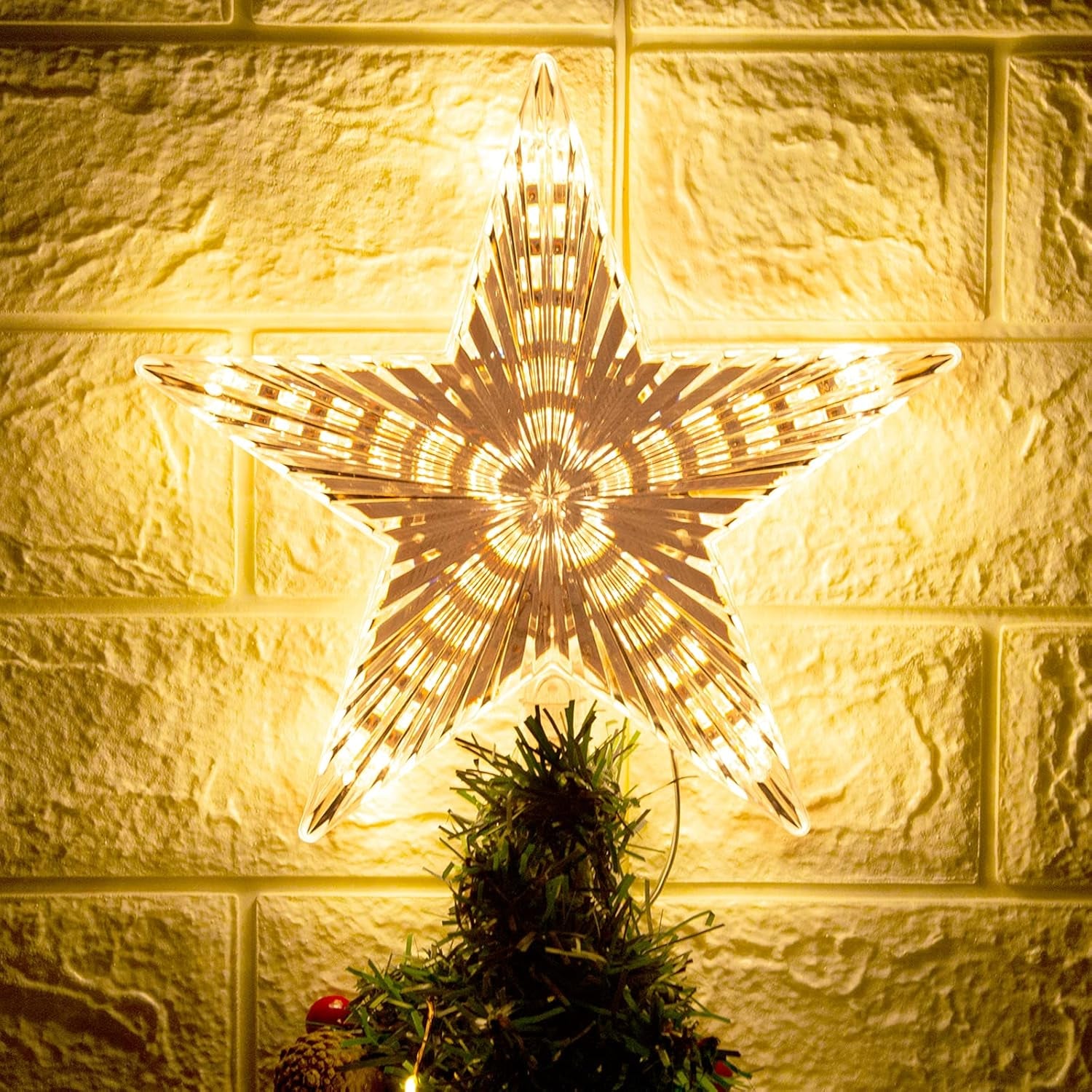 Christmas Tree Topper Star Warm White Light Christmas Tree Decor for Christmas Holiday Home Fit for General Size Xmas Tree, 8.7 Inch