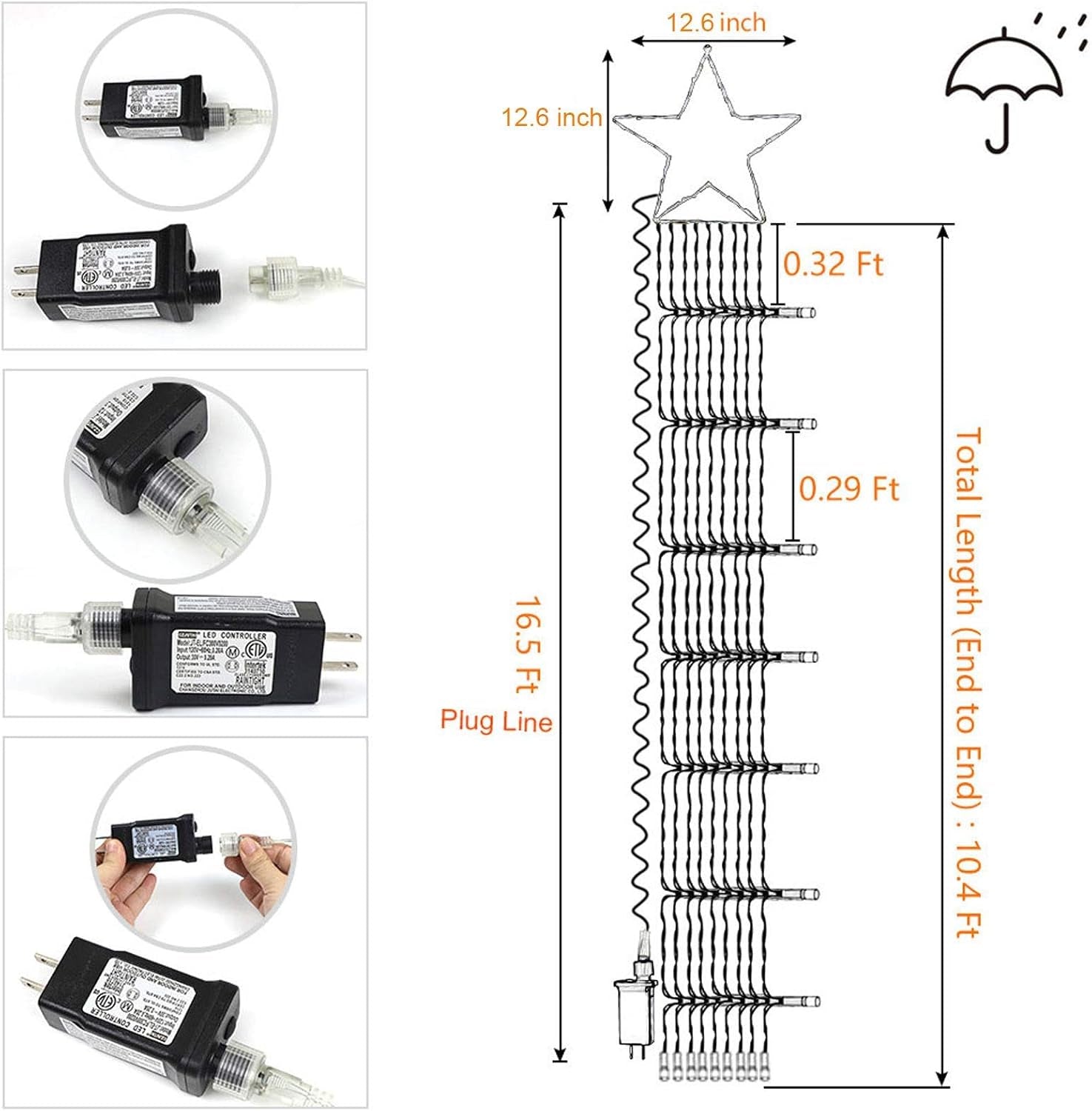 Outdoor Christmas Star Lights 320 LED Waterfall Christmas Tree Lights 8 Lighting Modes Outdoor Christmas Decorations Star String Lights for outside Tree Wall Yard Xmas Wedding Party (White)