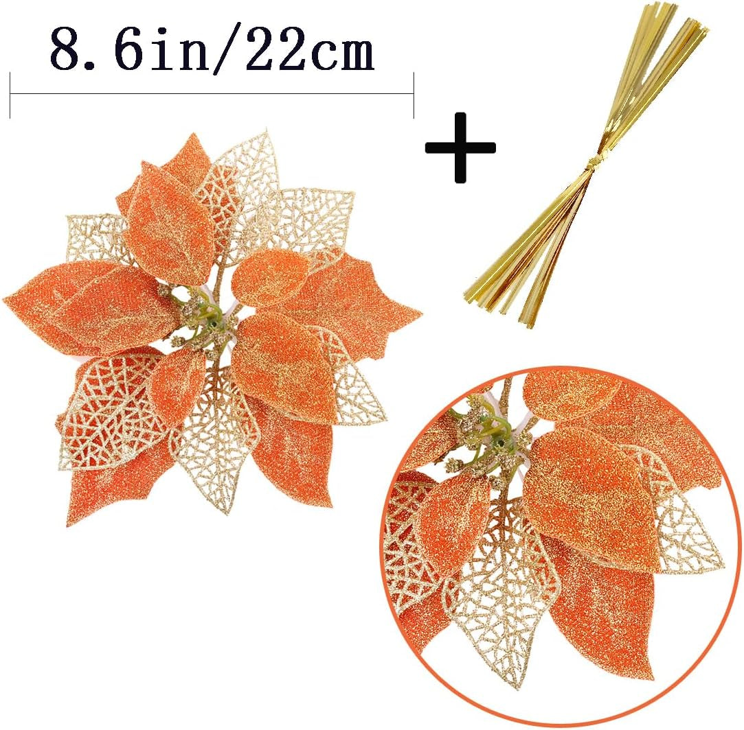 (Pack of 12) Glitter Poinsettia Christmas Tree Ornaments,Christmas Decorations Flower (Orange)