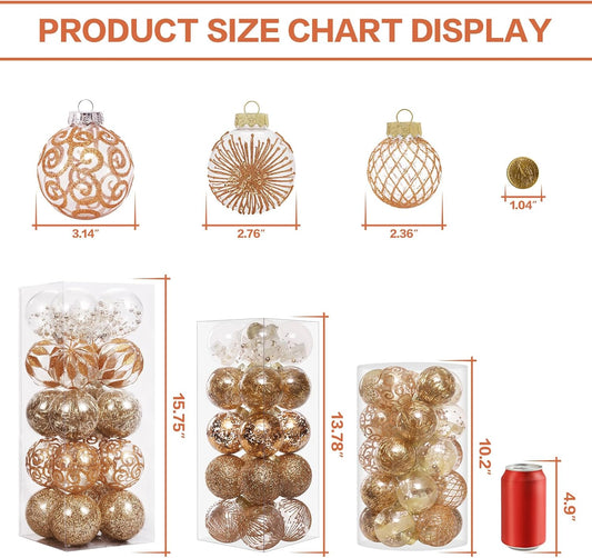 70MM/2.76" Christmas Ornaments Set, 20PCS Shatterproof Decorative Hanging Ball Ornament with Stuffed Delicate Decorations, Clear Rustic Xmas Tree Balls for Holiday Party- Champagne Gold.