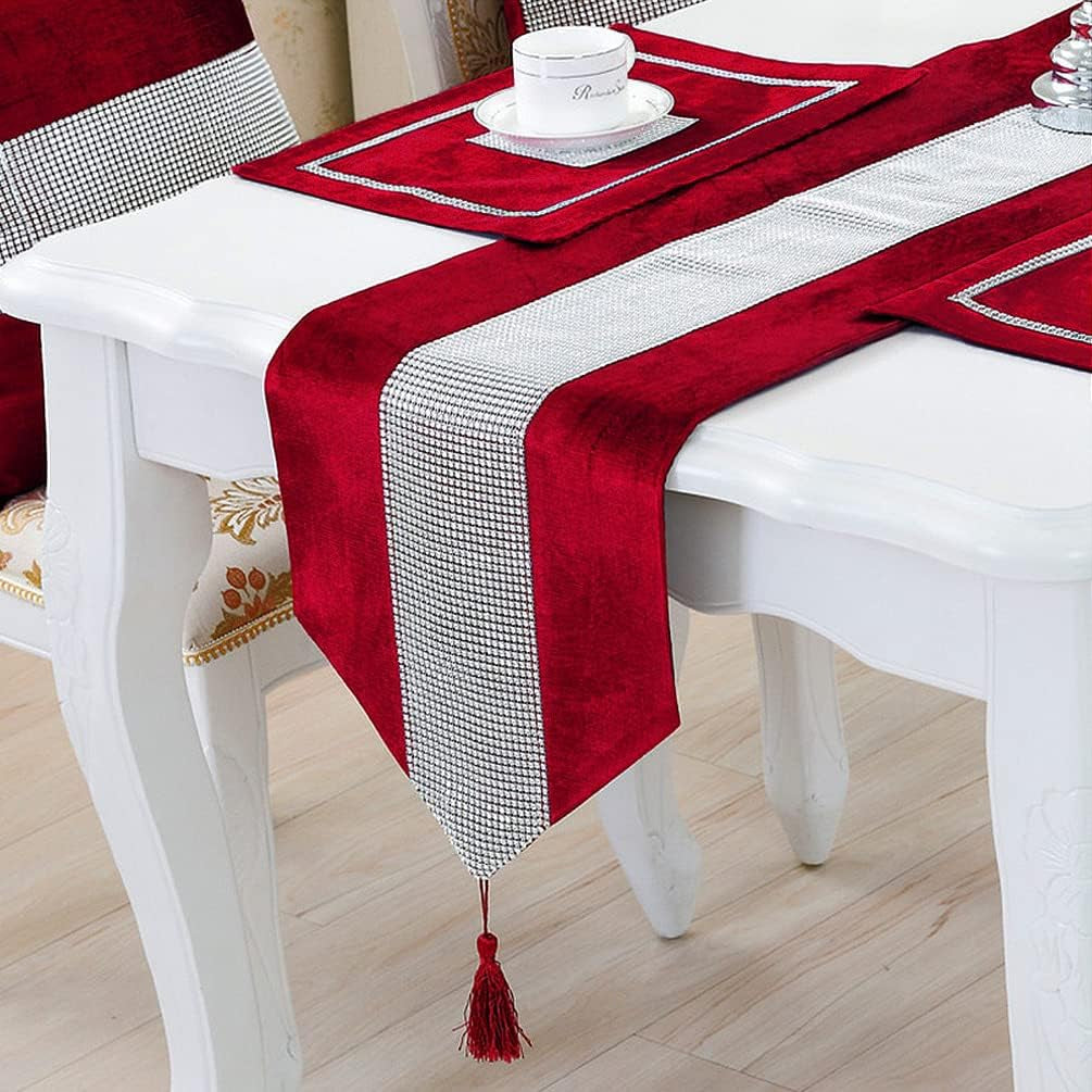 13Inch X 98Inch Table Runner with Diamante Strip and Tassels (Red)