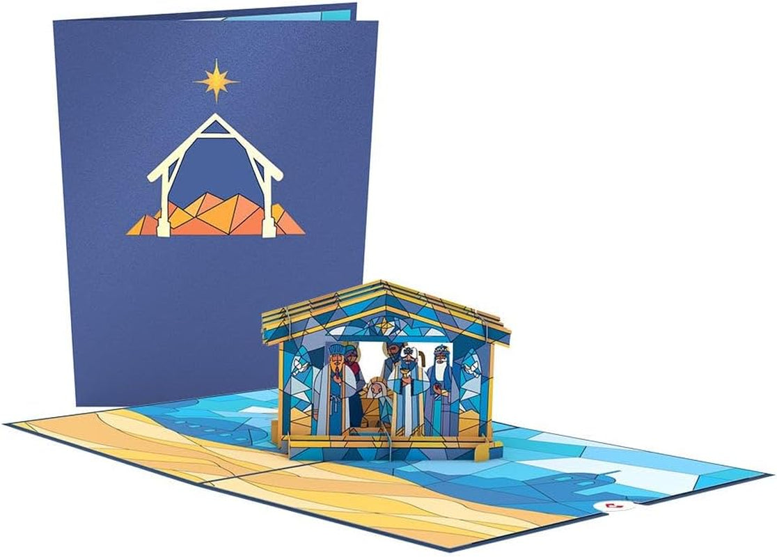 Christmas Pop-Up Card for Her and Him - 3D Holiday Greeting Cards for Boys, Girls, Men, Women - Stained Glass 5" X 7" Nativity Scene - Blank Note Card & Envelope Included
