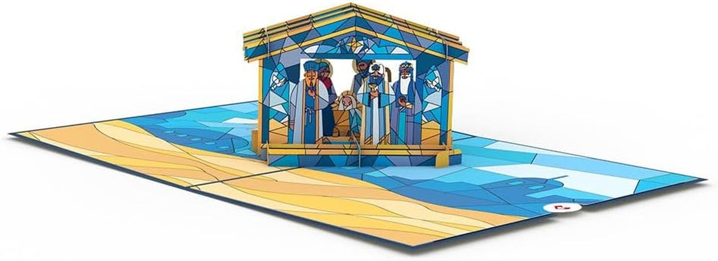 Christmas Pop-Up Card for Her and Him - 3D Holiday Greeting Cards for Boys, Girls, Men, Women - Stained Glass 5" X 7" Nativity Scene - Blank Note Card & Envelope Included