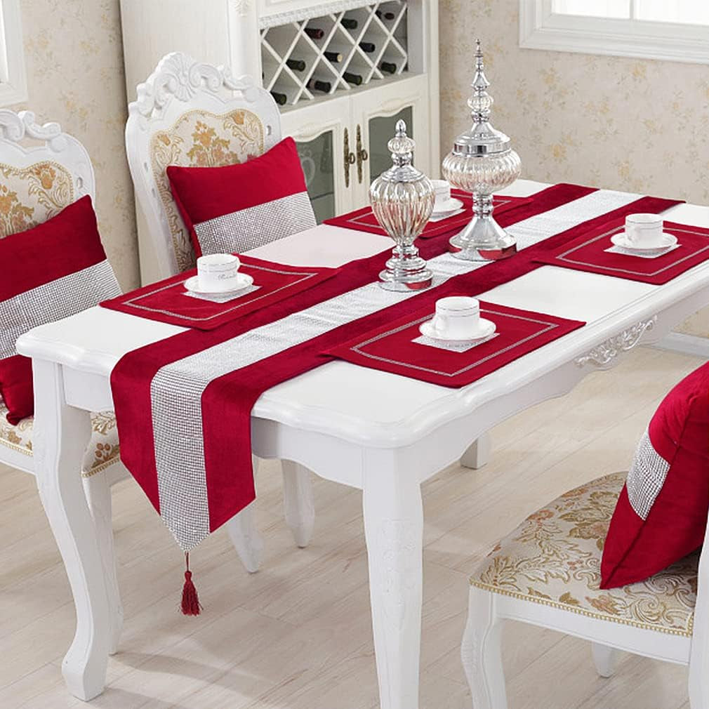 13Inch X 98Inch Table Runner with Diamante Strip and Tassels (Red)
