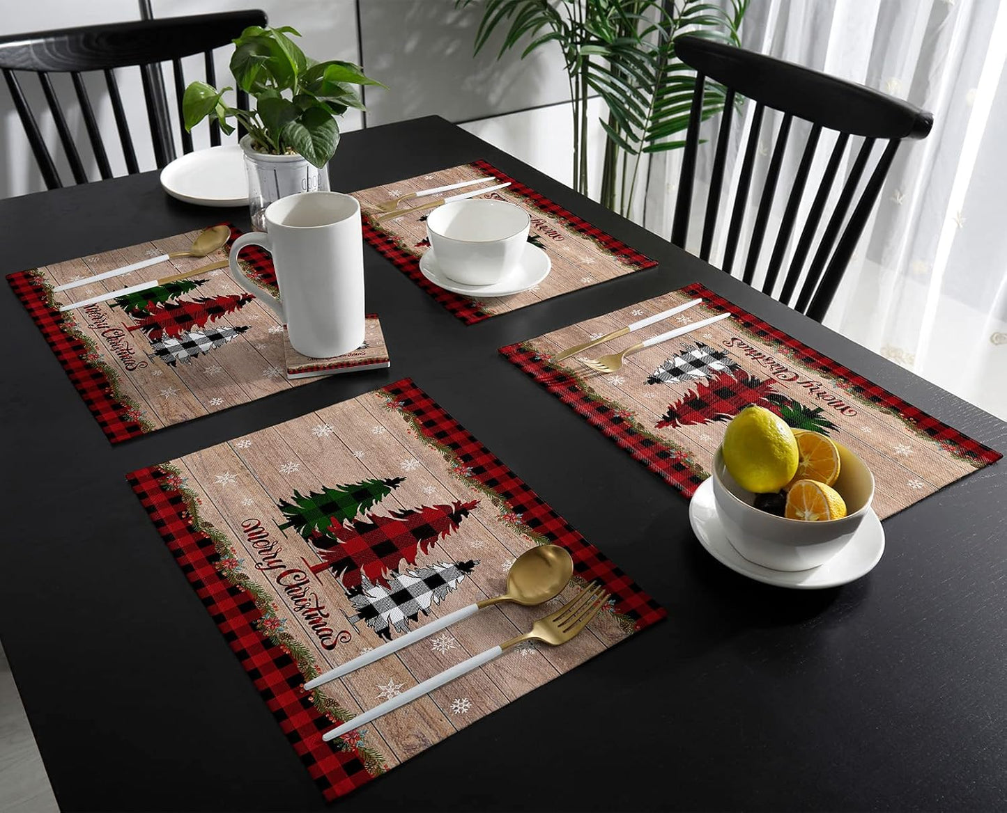 Merry Christmas Placemats Set of 6,Cotton Linen Table Mats Non-Slip Washable Buffalo Plaid Farm Xmas Tree Snowflake Pine Tree Placemat for Holiday Party Dining Kitchen Table Decor