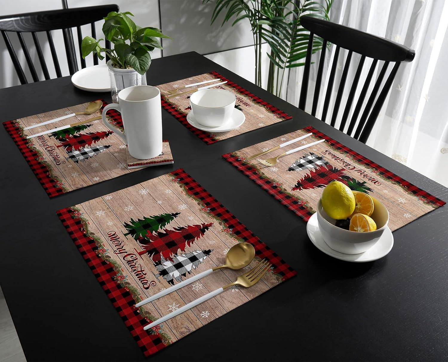 Merry Christmas Placemats Set of 6,Cotton Linen Table Mats Non-Slip Washable Buffalo Plaid Farm Xmas Tree Snowflake Pine Tree Placemat for Holiday Party Dining Kitchen Table Decor