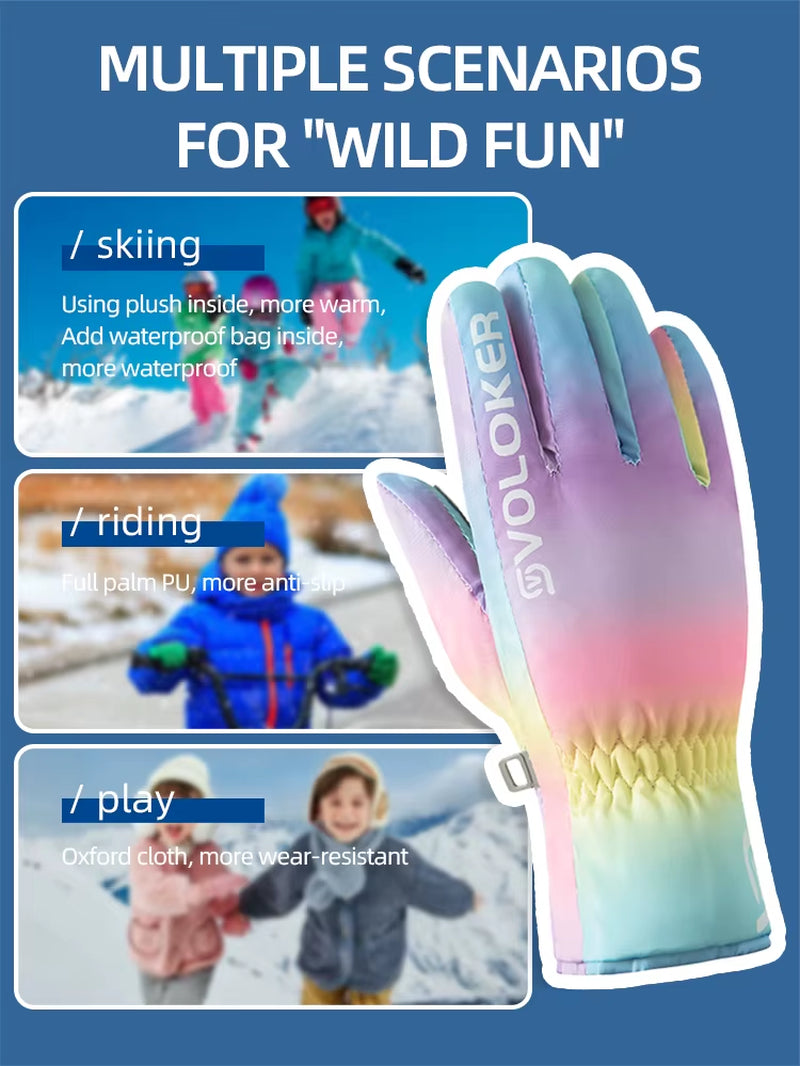 Children'S Ski Warm Gloves, Unisex Style, Winter Fleece-Lined Anti-Slip Outdoor Gloves with Side Zipper, Waterproof Material