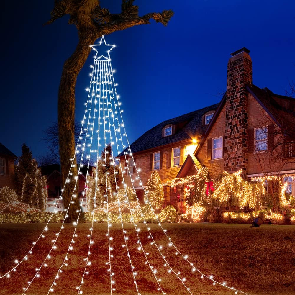 Outdoor Christmas Star Lights 320 LED Waterfall Christmas Tree Lights 8 Lighting Modes Outdoor Christmas Decorations Star String Lights for outside Tree Wall Yard Xmas Wedding Party (White)