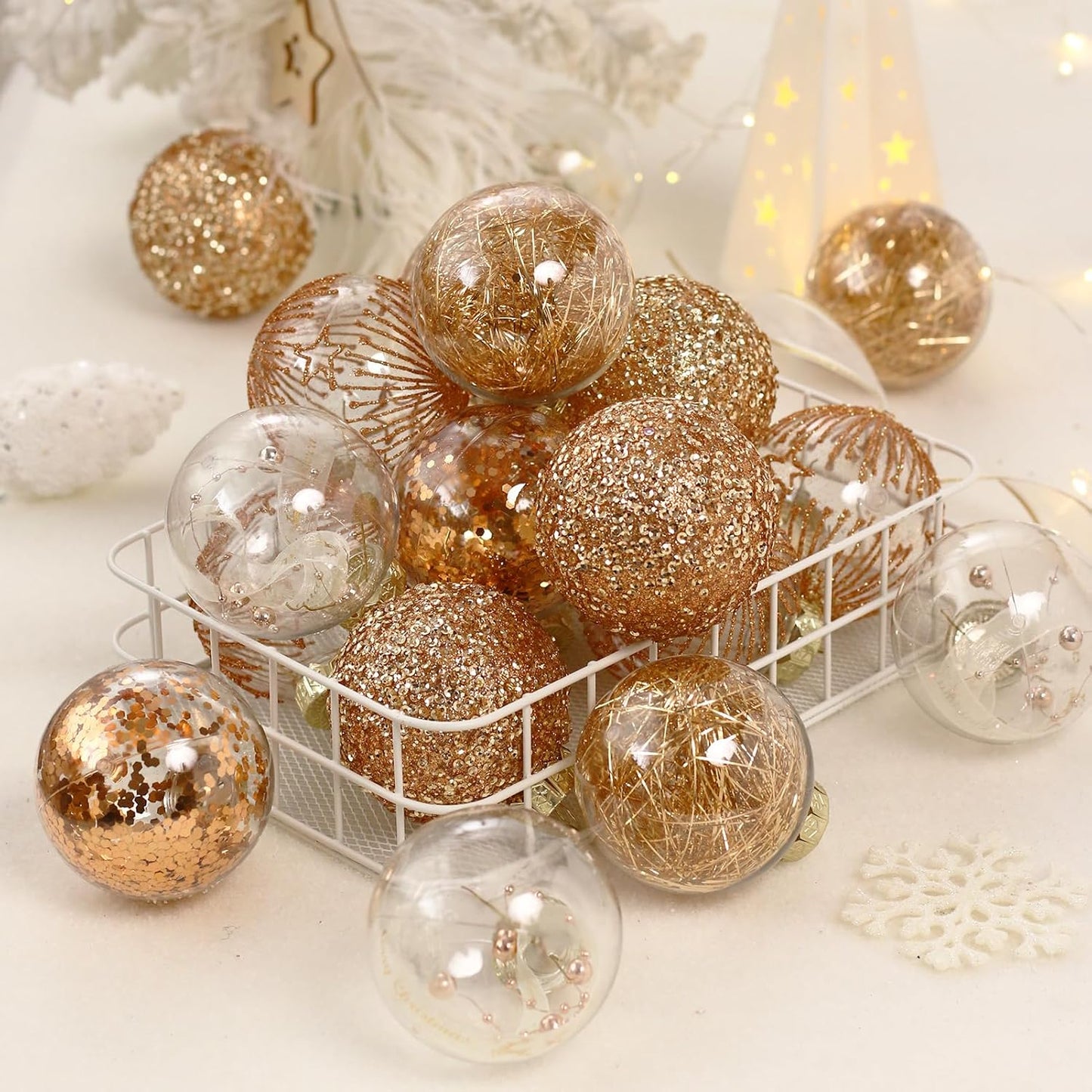 70MM/2.76" Christmas Ornaments Set, 20PCS Shatterproof Decorative Hanging Ball Ornament with Stuffed Delicate Decorations, Clear Rustic Xmas Tree Balls for Holiday Party- Champagne Gold.