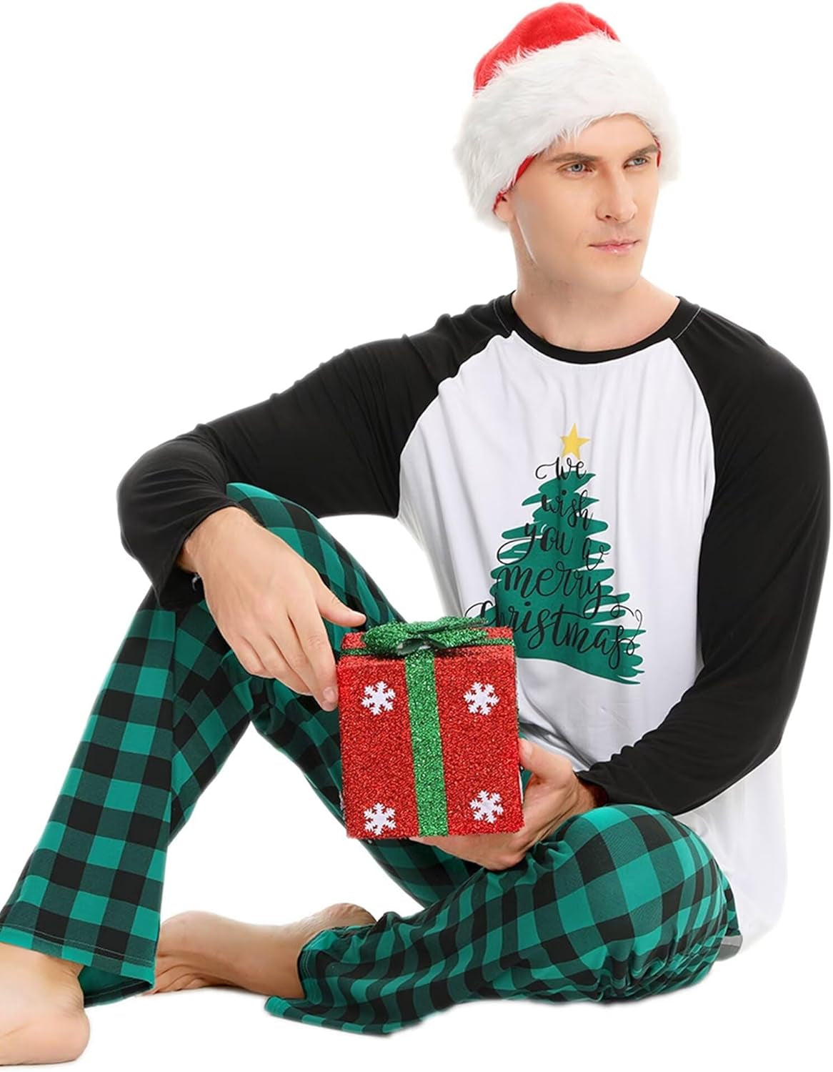 Matching Couples Christmas Pajamas Set Women & Men Plaid Pants Loungewear and Printed Long Sleeve Pjs Top