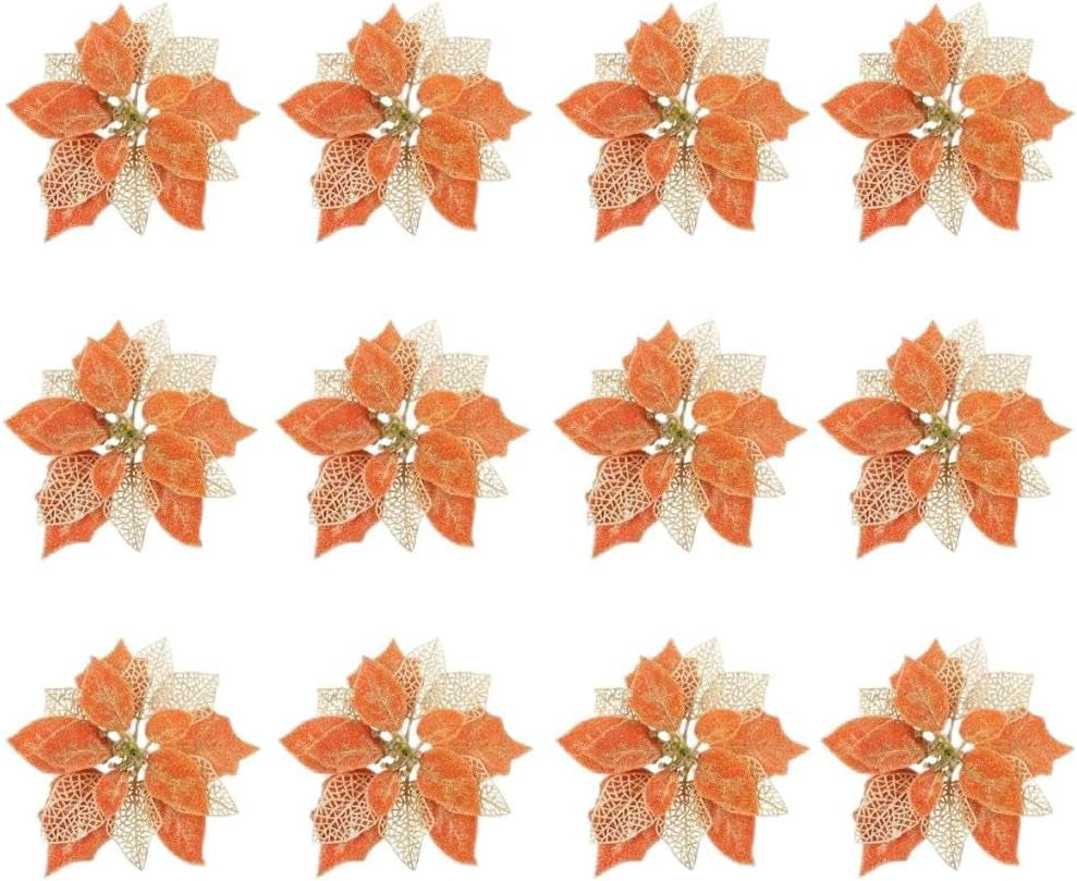 (Pack of 12) Glitter Poinsettia Christmas Tree Ornaments,Christmas Decorations Flower (Orange)