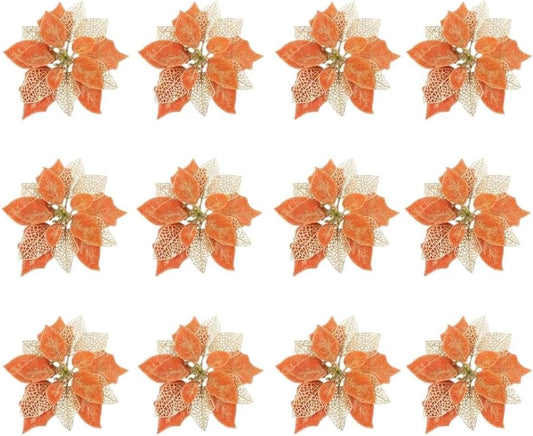 (Pack of 12) Glitter Poinsettia Christmas Tree Ornaments,Christmas Decorations Flower (Orange)