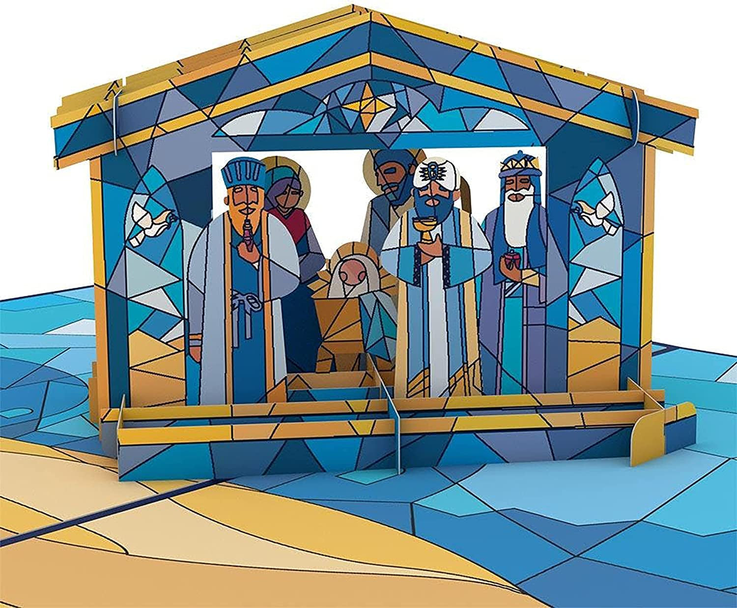 Christmas Pop-Up Card for Her and Him - 3D Holiday Greeting Cards for Boys, Girls, Men, Women - Stained Glass 5" X 7" Nativity Scene - Blank Note Card & Envelope Included