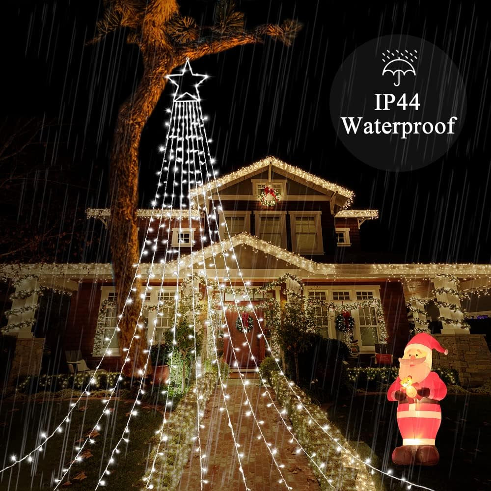 Outdoor Christmas Star Lights 320 LED Waterfall Christmas Tree Lights 8 Lighting Modes Outdoor Christmas Decorations Star String Lights for outside Tree Wall Yard Xmas Wedding Party (White)