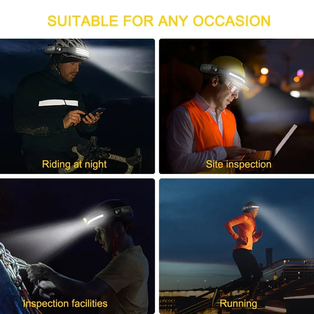 Rechargeable COB LED Headlamp | 6000K Ultra-Bright Induction Head Torch | 5 Lighting Modes for Work, Climbing, Running & Cycling