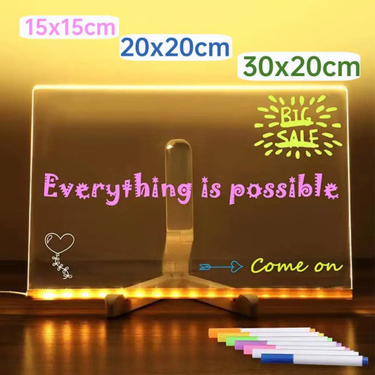 Glow Board - Light up Acrylic Message Board | Rewritable | DIY Children's Glowing Drawing Board |Message Lamp with 7 Colorful Pens