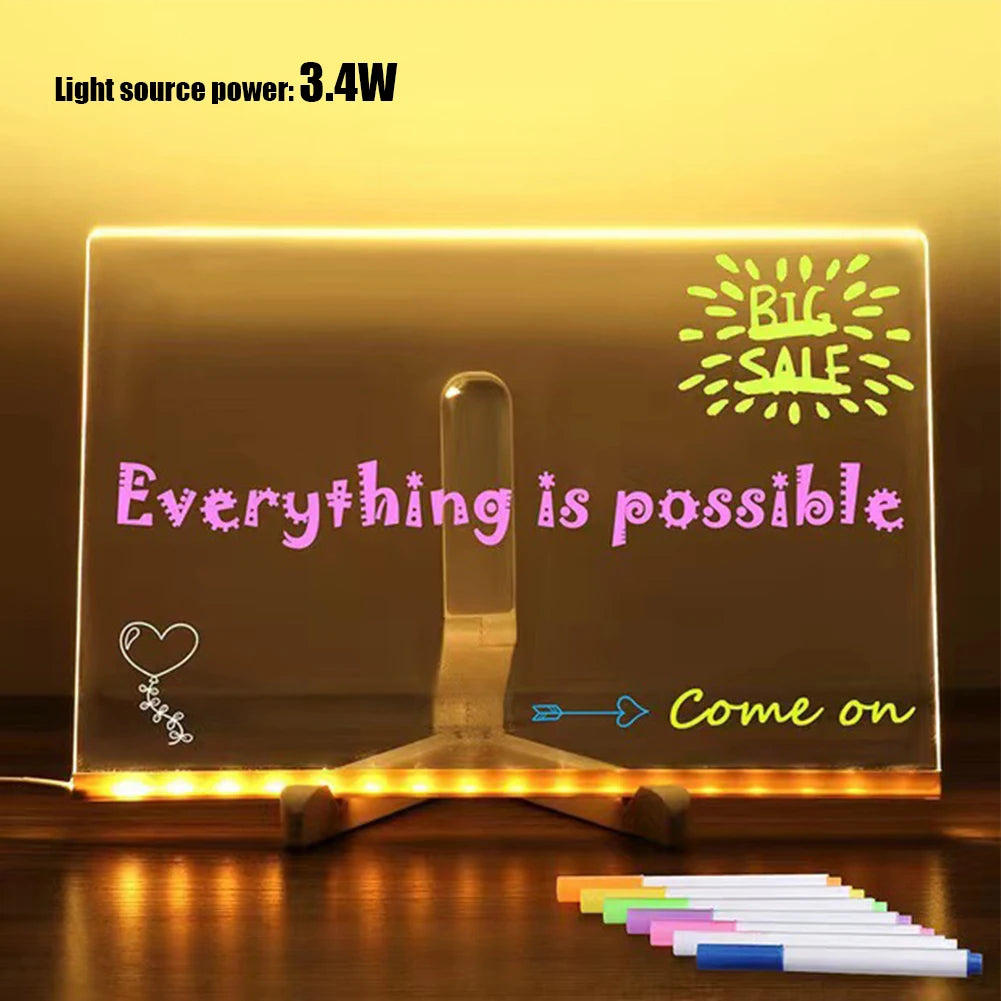 Glow Board - Light up Acrylic Message Board | Rewritable | DIY Children's Glowing Drawing Board |Message Lamp with 7 Colorful Pens