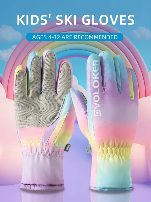 Children'S Ski Warm Gloves, Unisex Style, Winter Fleece-Lined Anti-Slip Outdoor Gloves with Side Zipper, Waterproof Material