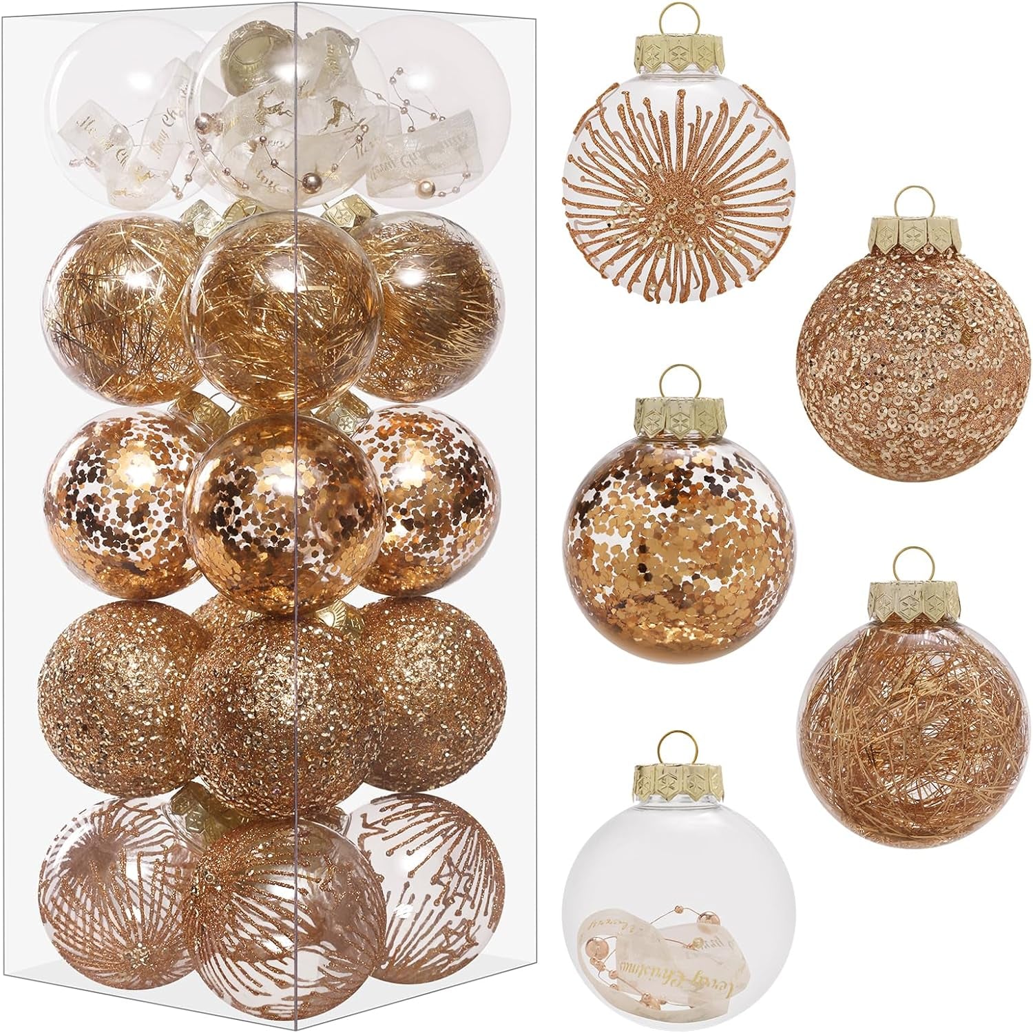70MM/2.76" Christmas Ornaments Set, 20PCS Shatterproof Decorative Hanging Ball Ornament with Stuffed Delicate Decorations, Clear Rustic Xmas Tree Balls for Holiday Party- Champagne Gold.