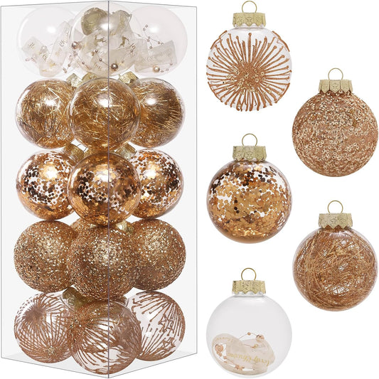 70MM/2.76" Christmas Ornaments Set, 20PCS Shatterproof Decorative Hanging Ball Ornament with Stuffed Delicate Decorations, Clear Rustic Xmas Tree Balls for Holiday Party- Champagne Gold.