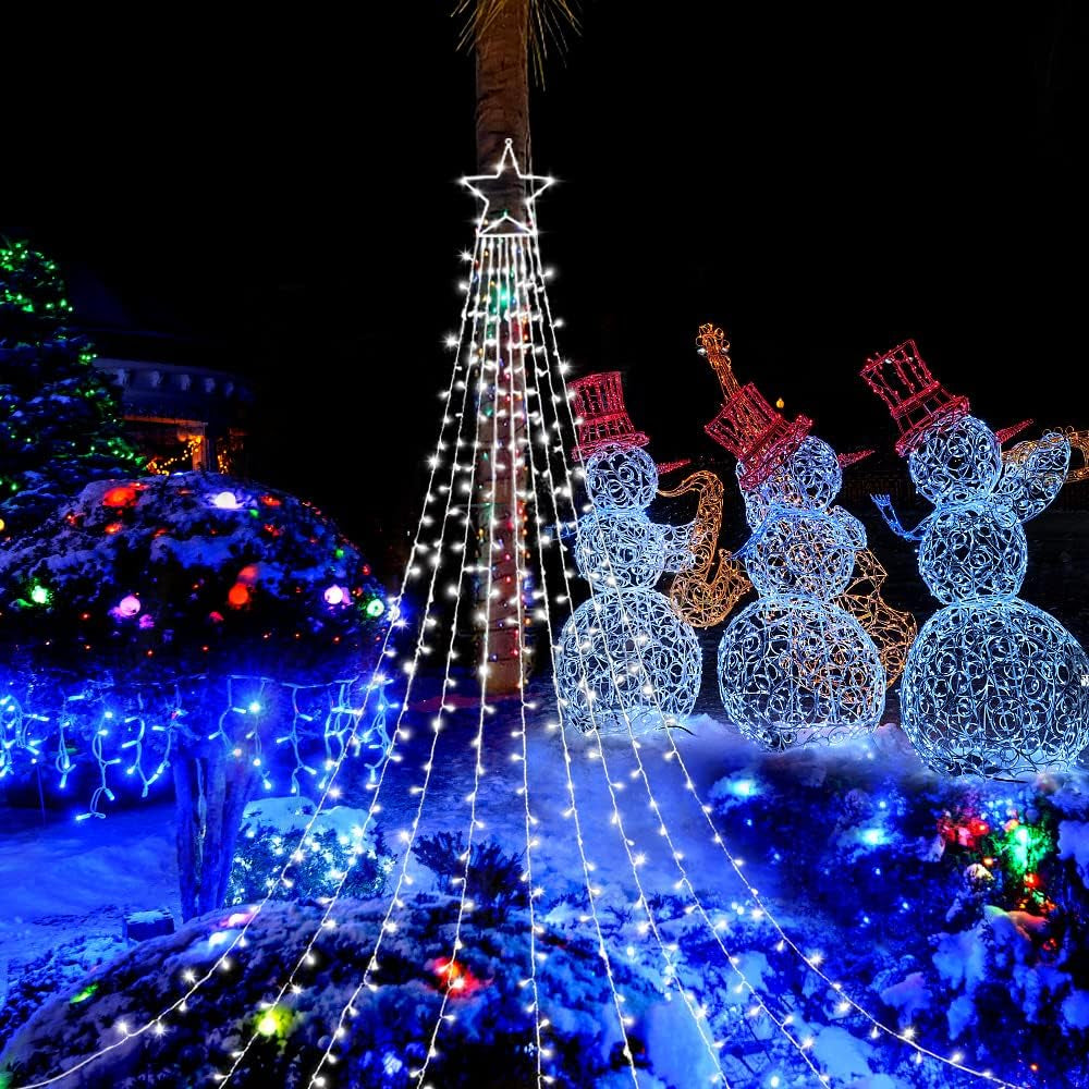 Outdoor Christmas Star Lights 320 LED Waterfall Christmas Tree Lights 8 Lighting Modes Outdoor Christmas Decorations Star String Lights for outside Tree Wall Yard Xmas Wedding Party (White)