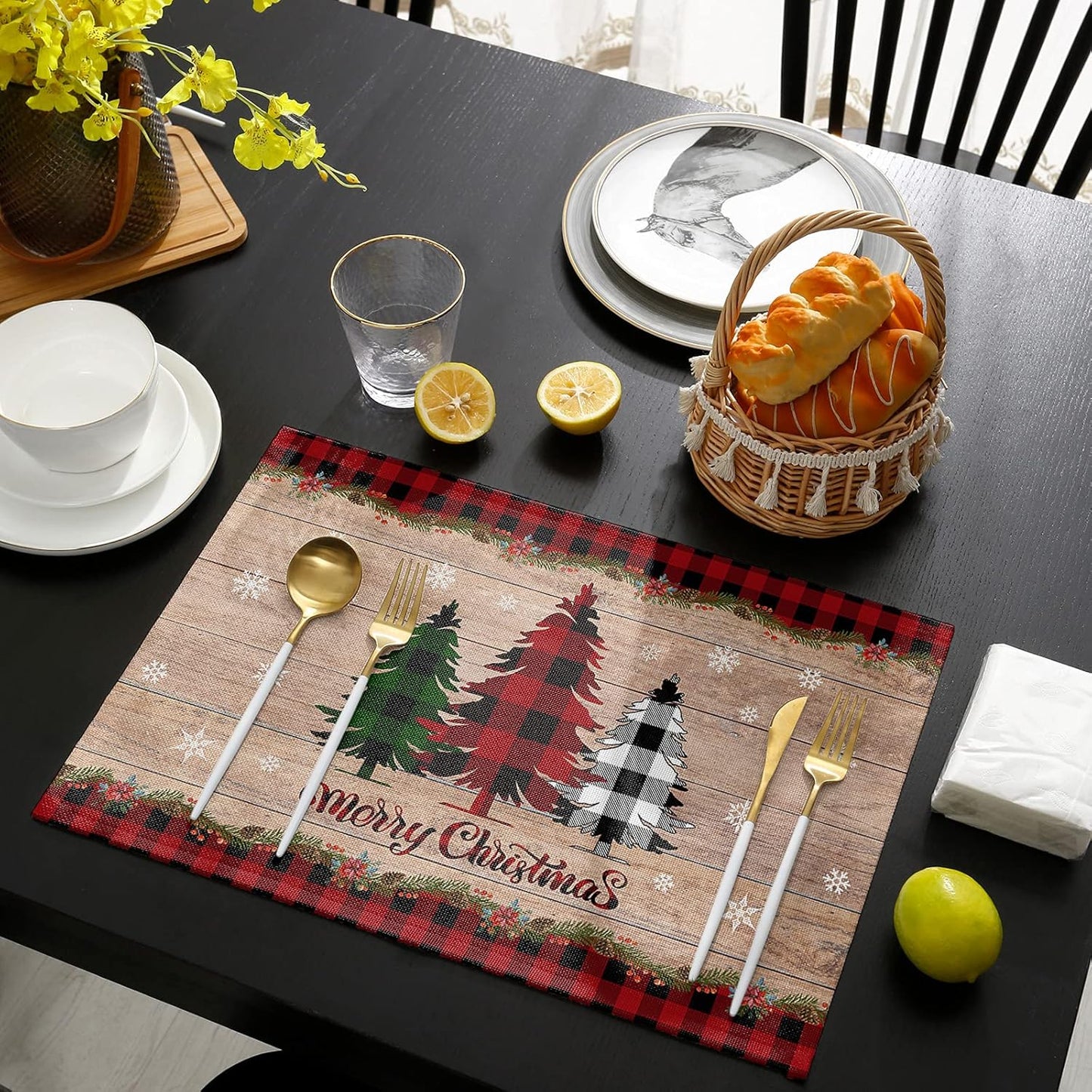 Merry Christmas Placemats Set of 6,Cotton Linen Table Mats Non-Slip Washable Buffalo Plaid Farm Xmas Tree Snowflake Pine Tree Placemat for Holiday Party Dining Kitchen Table Decor