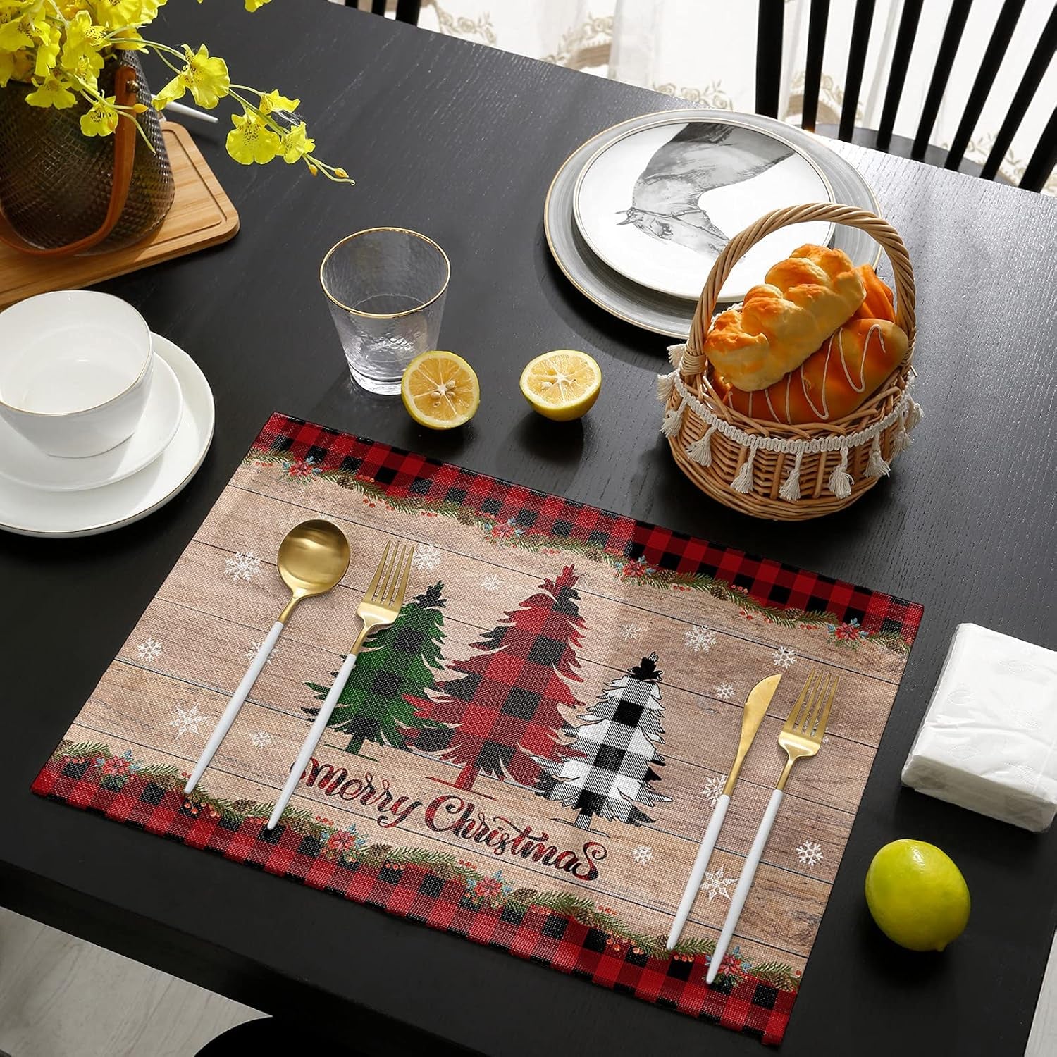 Merry Christmas Placemats Set of 6,Cotton Linen Table Mats Non-Slip Washable Buffalo Plaid Farm Xmas Tree Snowflake Pine Tree Placemat for Holiday Party Dining Kitchen Table Decor
