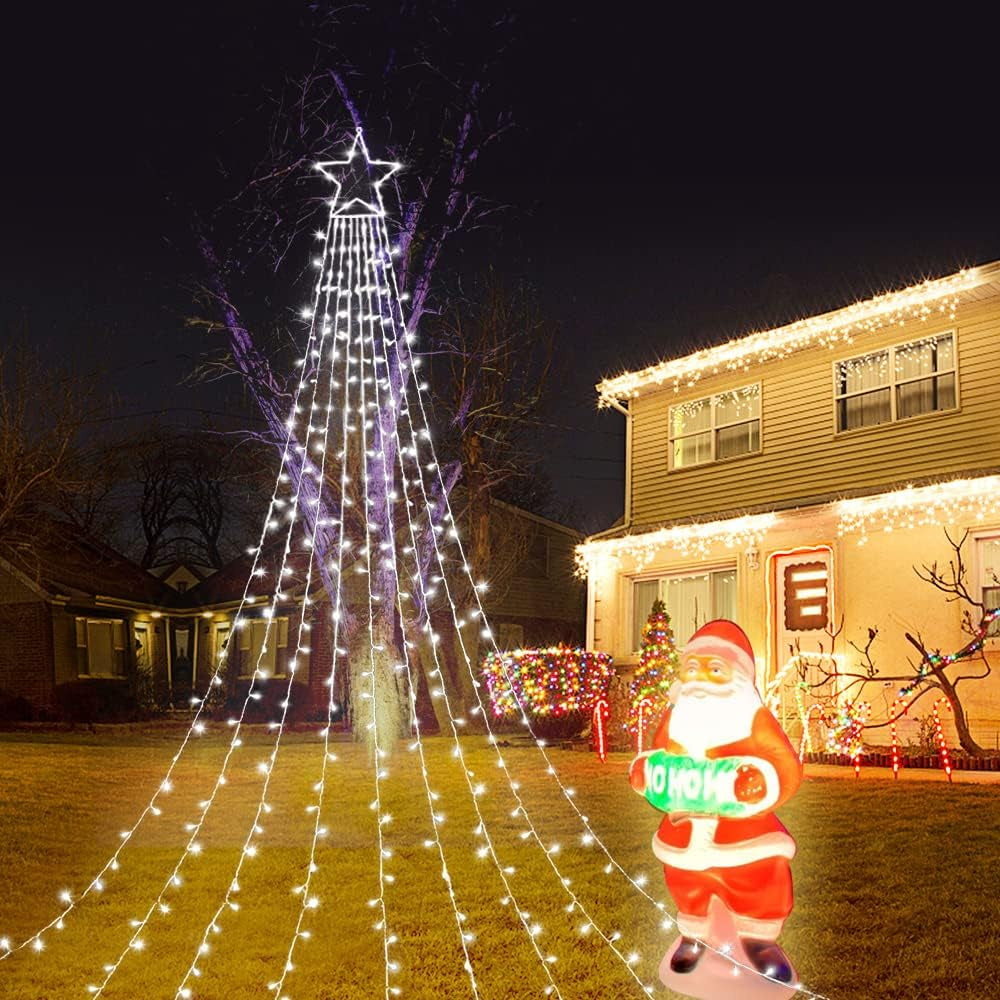 Outdoor Christmas Star Lights 320 LED Waterfall Christmas Tree Lights 8 Lighting Modes Outdoor Christmas Decorations Star String Lights for outside Tree Wall Yard Xmas Wedding Party (White)