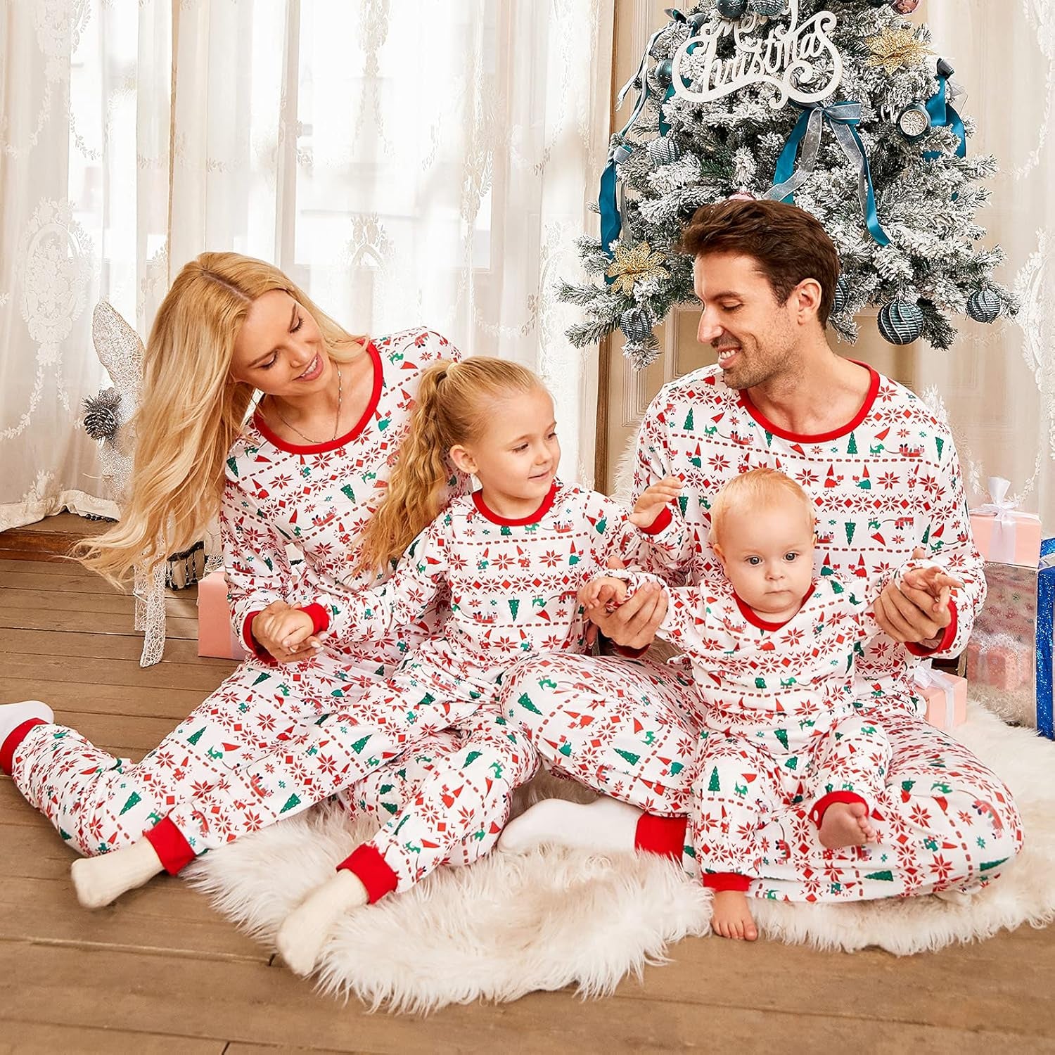 Christmas Pajamas for Family, Matching Family Christmas Pjs Sets Red Elk Tree Printed Top Sleepwear