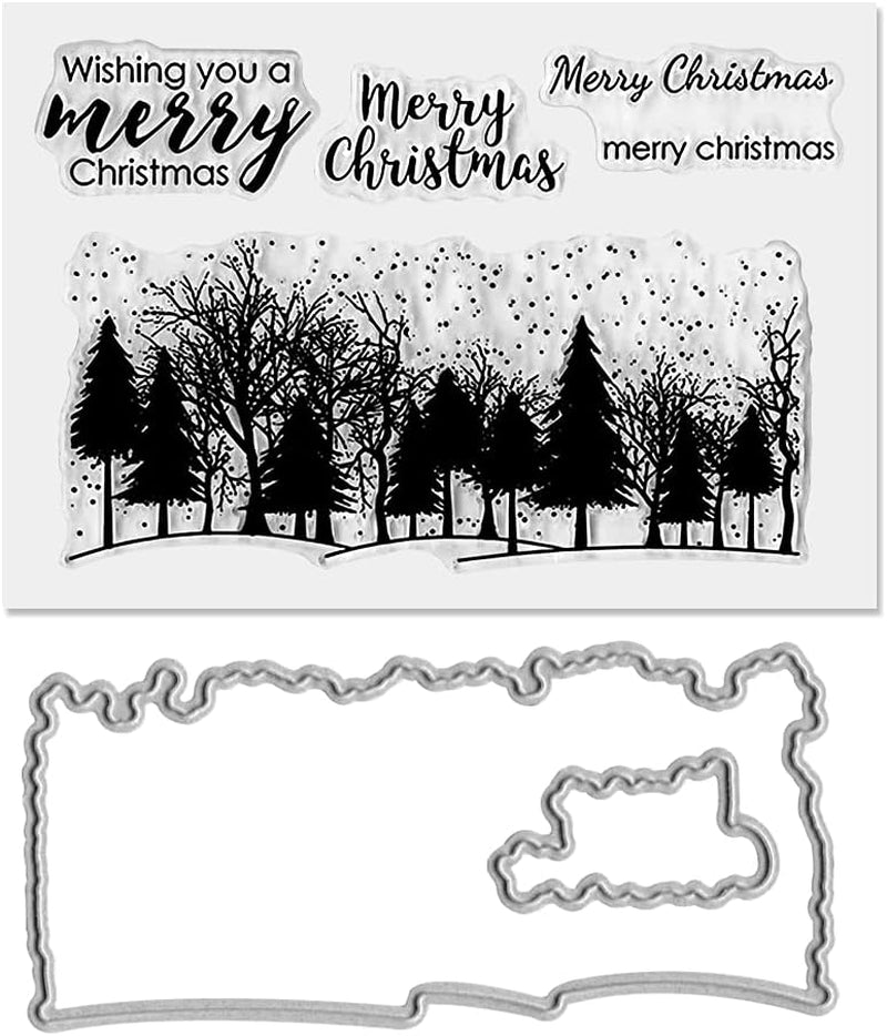 Christmas Forest Clear Stamps and Die Cuts for Card Making and Photo Album Decorations, Trees Blessing Words Transparent Rubber Stamps and Cutting Dies Seal for DIY Scrapbooking