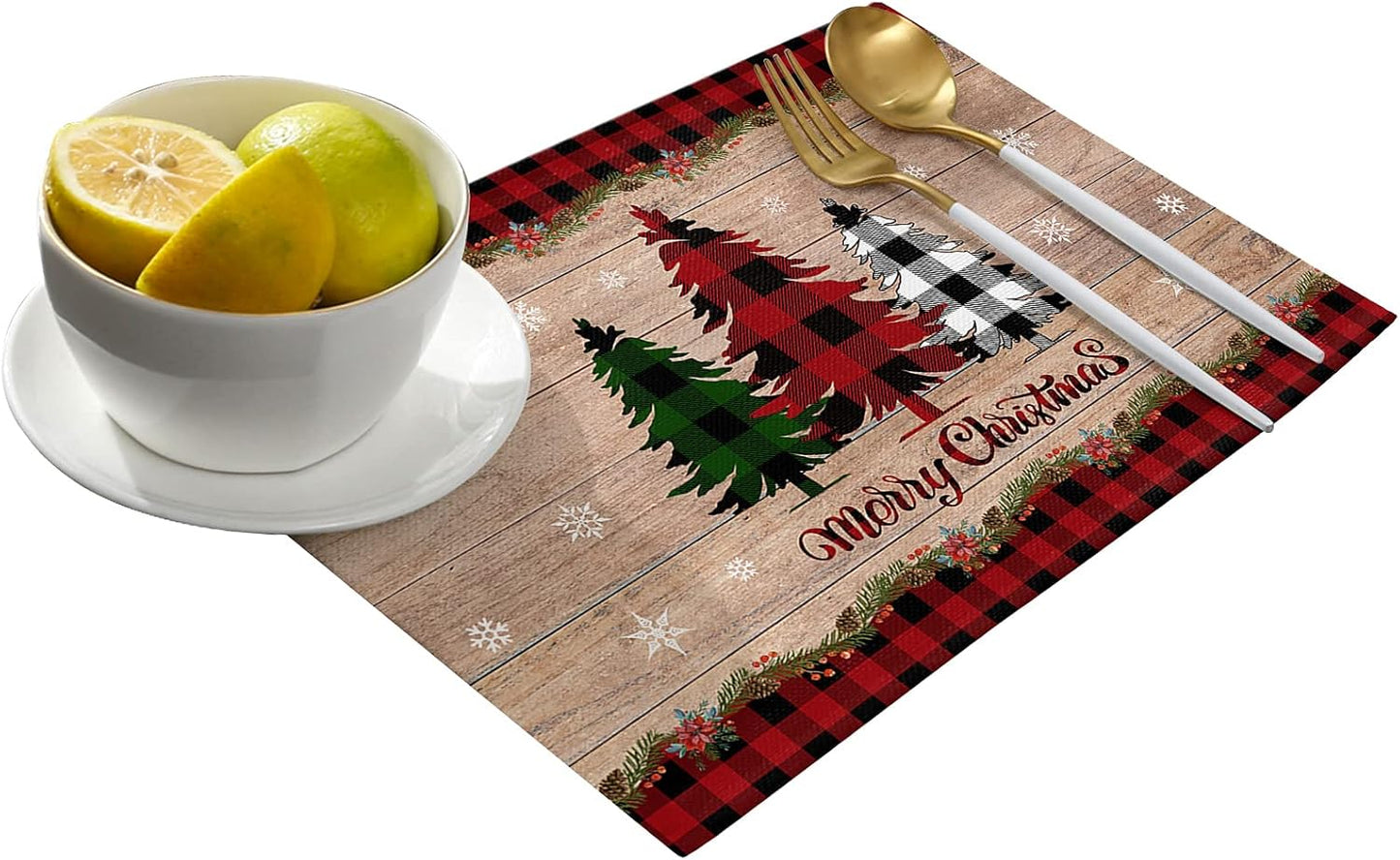 Merry Christmas Placemats Set of 6,Cotton Linen Table Mats Non-Slip Washable Buffalo Plaid Farm Xmas Tree Snowflake Pine Tree Placemat for Holiday Party Dining Kitchen Table Decor